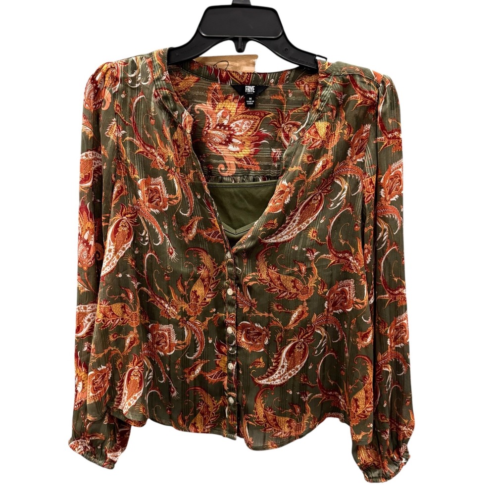 Frye Blouse Womens Green Paisley Metallic Lurex Button Front Boho Medium
